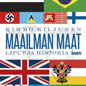 Maailman maiden ja yhteisöjen sekä poliittisten liikkeiden lippuja. Lippukuvien keskellä teksti Kimmo Kiljunen, Maailman maat, liput ja historia.