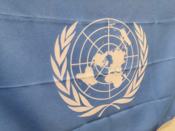 YK:n logo: litteä, pyöreä karttakuva, jota reunustavat oliivipuun oksat.
